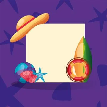 Hat surfboard float shells star and ball with frame vector design Illustrazione stock