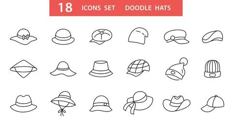 Hat types doodle icons set Different hats isolated Ilustración de archivo