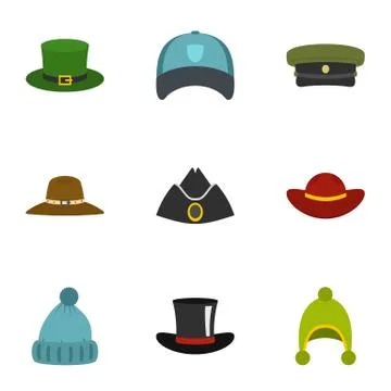 Hat wear icon set, flat style Stock Illustration