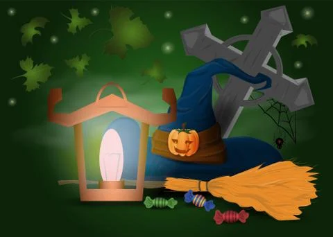 Hat witch with broom lighted lantern illustration design for decoration Stock Illustration