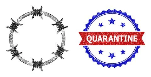 Hatched Barbed Wire Circle Web Mesh and Textured Bicolor Quarantine Stamp Stock Illustration