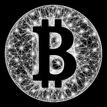 Hatched Bitcoin Coin Web Mesh with Bright Flash Nodes Stock Illustration