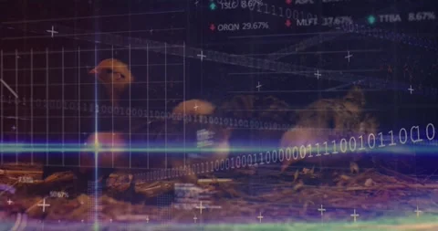 Hatched chicks pecking straw as code overlay appearing, labels updating on graph Stock Footage 319871784