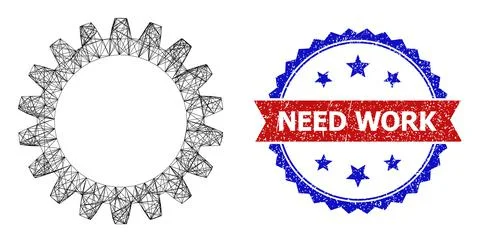 Hatched Cogwheel Web Mesh and Scratched Bicolor Need Work Seal 스톡 일러스트