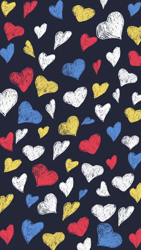 Hatched doodles in the shape of hearts in different colors on a dark background. Video stock 300366202