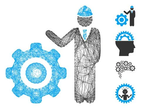 Hatched Engineer with Gear Vector Mesh Illustrazione stock