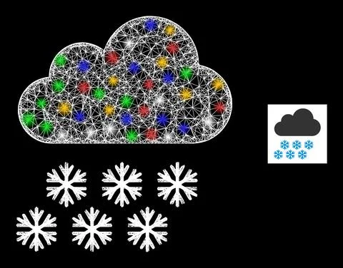 Hatched Mesh Snow Cloud Icon with Colored Glare Spots Stock Illustration
