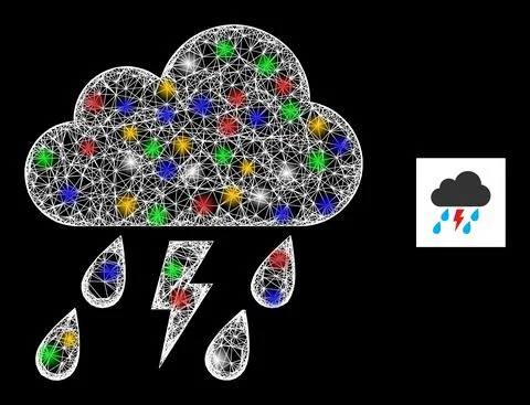 Hatched Mesh Thunder Storm Cloud Icon with Multi Colored Light Spots Stock Illustration