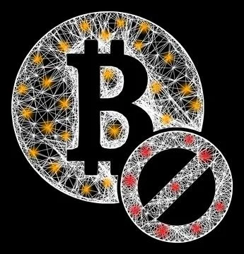 Hatched Stop Bitcoin Web Mesh with Bright Flash Nodes 스톡 일러스트