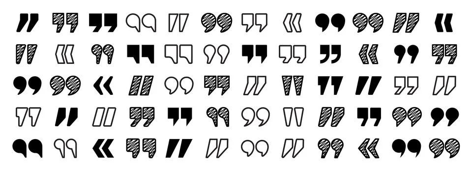 Hatched text quotation marks. Hand drawn quotes icon. Typographic speech mark Stock Illustration