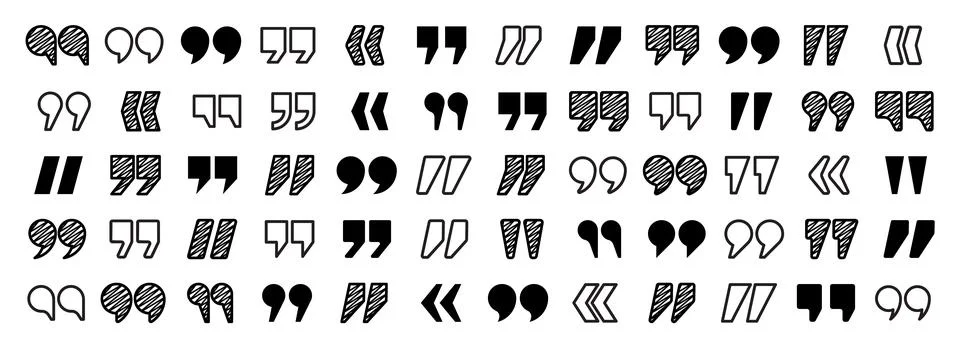 Hatched text quotation marks. Hand drawn quotes icon. Typographic speech mark Stock Illustration