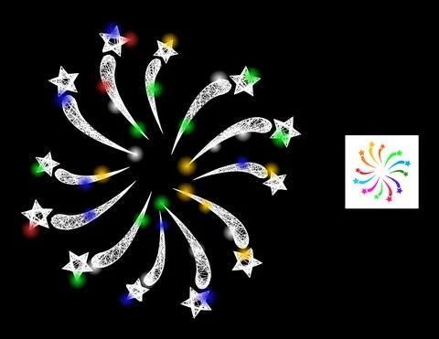 Hatched Web Mesh Fireworks Salute Icon with Multi Colored Glitter Dots 스톡 일러스트