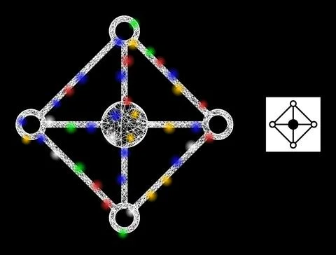 Hatched Web Mesh Rhombus Grid Node Icon with Multicolored Lightspots Stock Illustration