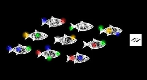 Hatched Web Mesh School of Fish Icon with Bright Colored Flash Nodes Stock Illustration