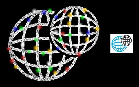 Hatched Web Mesh Spheric Balls Icon with Colored Flash Nodes Illustrazione stock