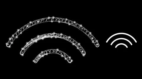 Hatched Wireless Waves Mesh Icon with Constellation Lightspots Stock Illustration