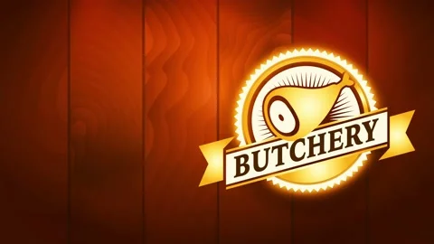Hatchet killing store idea with fresh meat ankle meat on gold diagram over Stock Footage 130179424