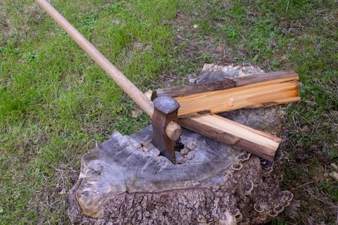 Hatchet stuck in a log while chopping wood for the winter. Stock Photos