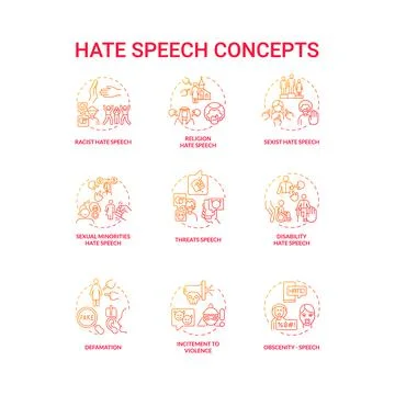 Hate speech red gradient concept icons set Stock Illustration