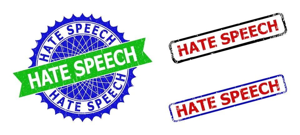 HATE SPEECH Rosette and Rectangle Bicolor Stamps with Distress Textures Stock Illustration