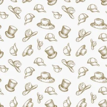 Hats Vector Seamless Background Pattern. Hand Drawn Cowboy Hat, Cylinder イラスト素材