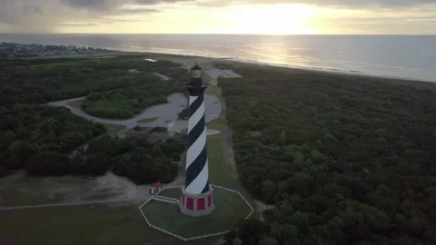 Hatteras Lighthouse Drone Pullback 4K (raw) Stock Footage 141591140