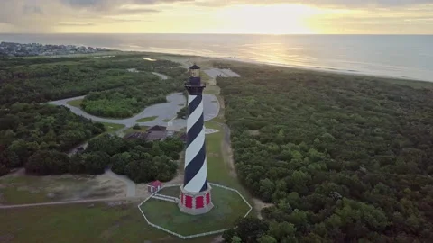 Hatteras Lighthouse Drone Pullback 4K (color corrected) Stock Footage 141591160