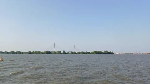 Hau river and Can Tho Bridge, cable-stayed bridge, Mekong Delta Vietnam. Stock Footage 270521458