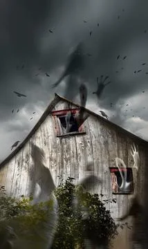 Haunted barn with ghosts flying and dark skies Stock Photos