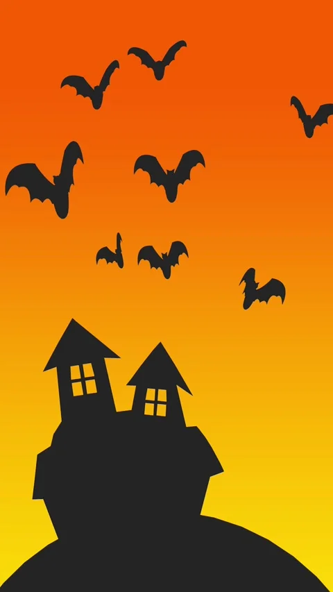 A haunted castle with bats flying on an orange background, Halloween backgr.. Stock Footage 283929051