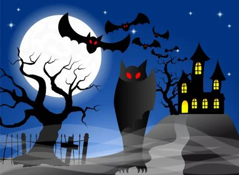 Haunted castle with bats Stock Illustration