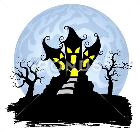 Haunted castle in a full moon night Stock Illustration