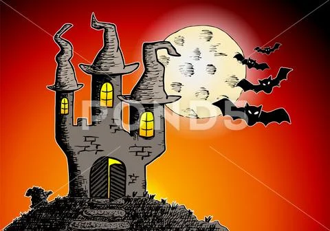 Haunted castle in a full moon night Stock Illustration