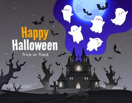 Haunted castle mansion with flying Halloween ghost Stock Illustration
