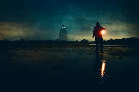 A haunted concept. Of a man with a lamp looking at a spooky ghost 스톡 일러스트
