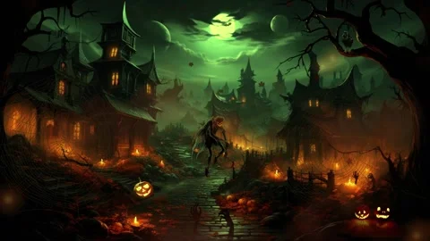 Haunted ghost town with floating pumpkins in dark halloween night animated lo Stock Footage 327508073
