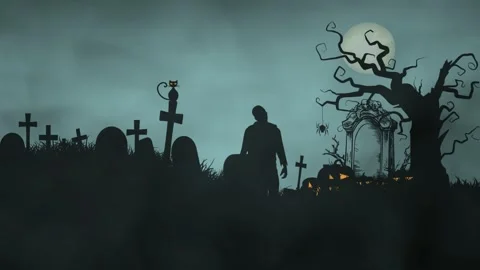 Haunted Graveyard Filled with Pumpkins and Hungry Zombies Stock Footage 315673129