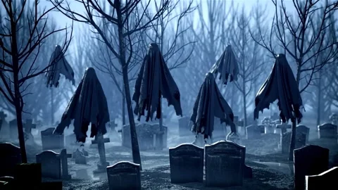 Haunted Graveyard with Floating Ghosts at Night Halloween Creepy Paranormal.. Stock Footage 339634098