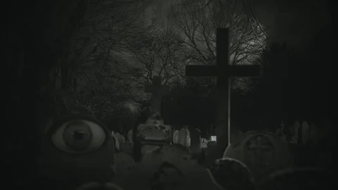 Haunted Graveyard Ghostly Figure Walking Cemetery Tombstones Creepy Eye Stare Stock Footage 244717687