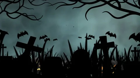 In the Haunted Graveyard, Pumpkins  and bat flyingi in Fog Stock Footage 316958573