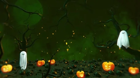 Haunted Halloween Forest with Floating Ghosts, Glowing Jack O Lanterns Video stock 346312620
