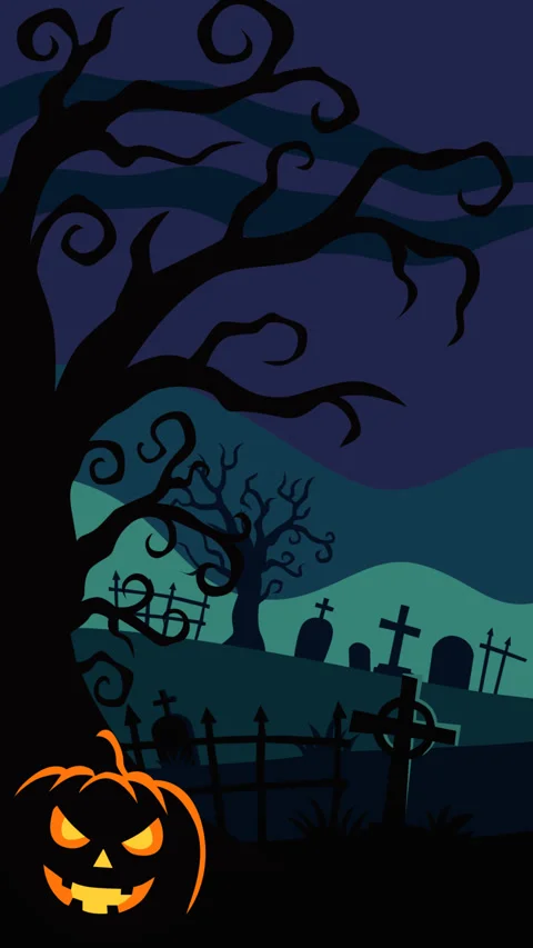 Haunted Halloween Graveyard with Jack O Lantern Animated Motion Graphic Back Stock Footage 345618504