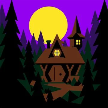 Haunted house in dark pine forest with large yellow moon creates spooky hal.. 스톡 일러스트