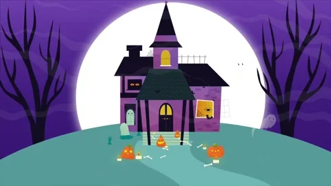 Haunted house glowing in the dark with spooky halloween background animation Stock Footage 313744757