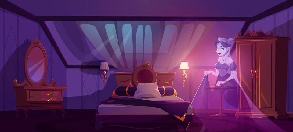 Haunted house interior with ghost of young woman Stock Illustration