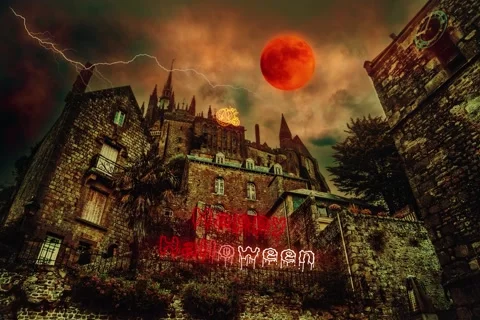 Haunted House Red Moon Stock Footage 159901329