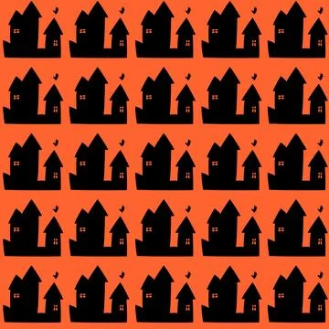 Haunted House Silhouette Halloween Pattern on Orange Background Ilustração Stock