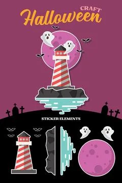 Haunted lighthouse with moon sticker elements. 库存插图