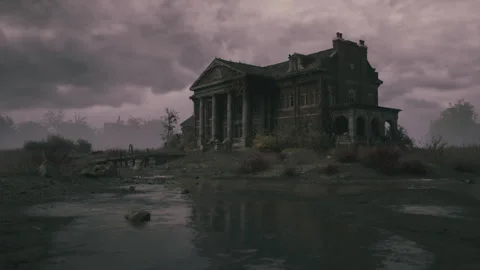 Haunted mansion in a desolate landscape under gloomy sky at dusk Видео 321737649
