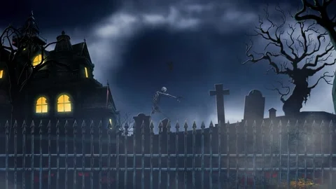 Haunted Mansion Skeleton Ghost Moon 4k Loop Stock-Footage 344704615